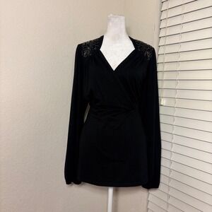 Venezia Black Beaded Shoulder Wrap Top Long Sleeve V-Neck Blouse Size 14/16